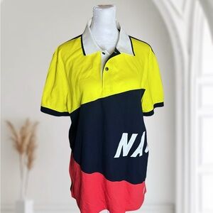 Nautica Mens Large Slim Fit Polo Shirt Yellow Navy Red Spellout Block